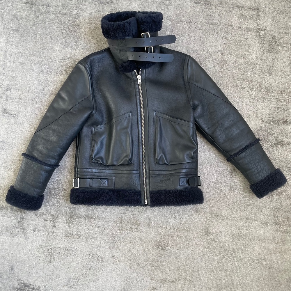 Sandro amber shearling black leather jacket coat - Picture 7 of 7